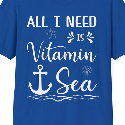 All I Need Is Vitamin Sea Nautical Beach Pun Shirt with Anchor Art — T-Shirt T-Shirt – Royal – Best Cruise Shirts Close Up