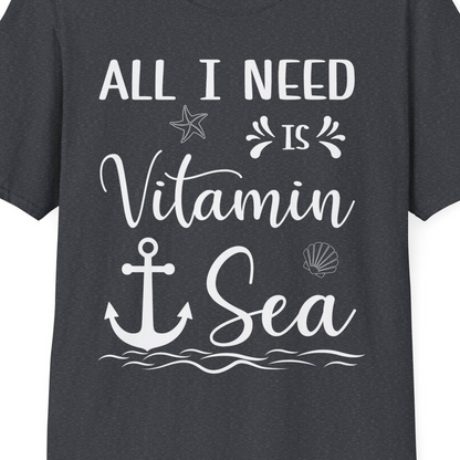 All I Need Is Vitamin Sea Nautical Beach Pun Shirt with Anchor Art — T-Shirt T-Shirt – Dark Heather Grey – Best Cruise Shirts Close Up
