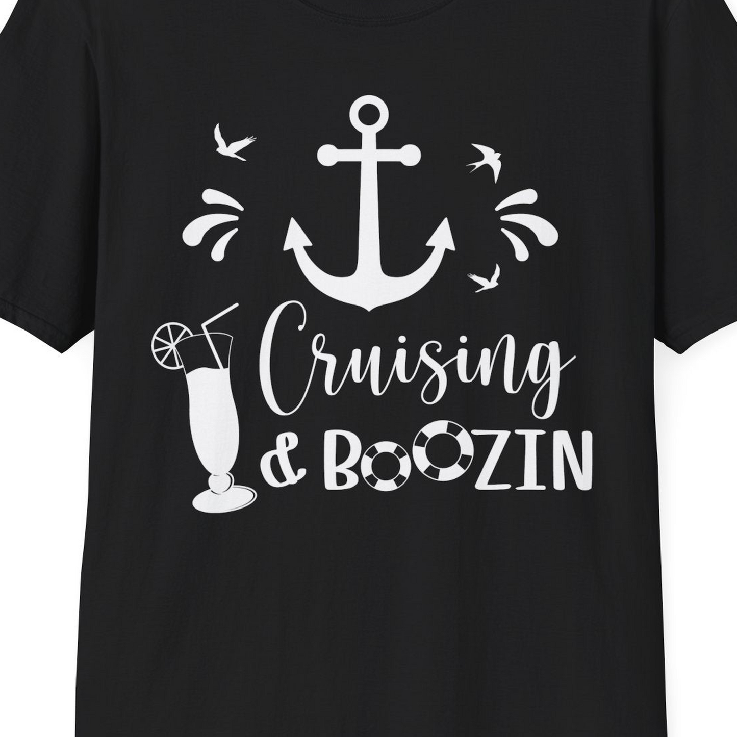 Cruising and Boozin Nautical Party Shirt with Anchor and Cocktail Art — T-Shirt T-Shirt – Black – Best Cruise Shirts Close Up