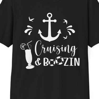 Cruising and Boozin Nautical Party Shirt with Anchor and Cocktail Art — T-Shirt T-Shirt – Black – Best Cruise Shirts Close Up