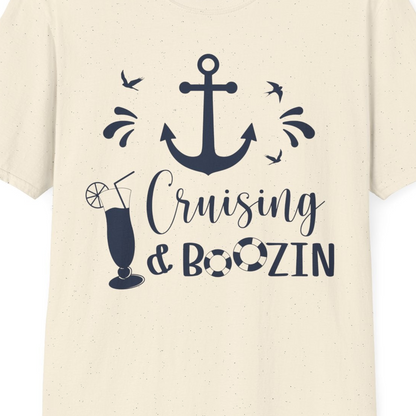 Cruising and Boozin Nautical Party Shirt with Anchor and Cocktail Art — T-Shirt T-Shirt – Natural – Best Cruise Shirts Close Up