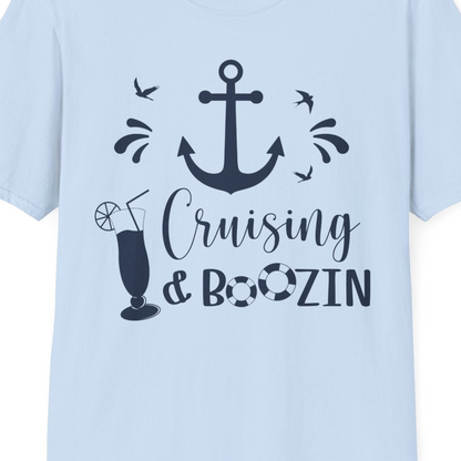 Cruising and Boozin Nautical Party Shirt with Anchor and Cocktail Art — T-Shirt T-Shirt – Light Blue – Best Cruise Shirts Close Up