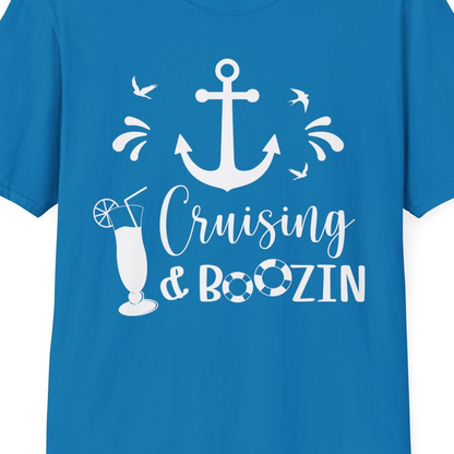 Cruising and Boozin Nautical Party Shirt with Anchor and Cocktail Art — T-Shirt T-Shirt – Sapphire – Best Cruise Shirts Close Up