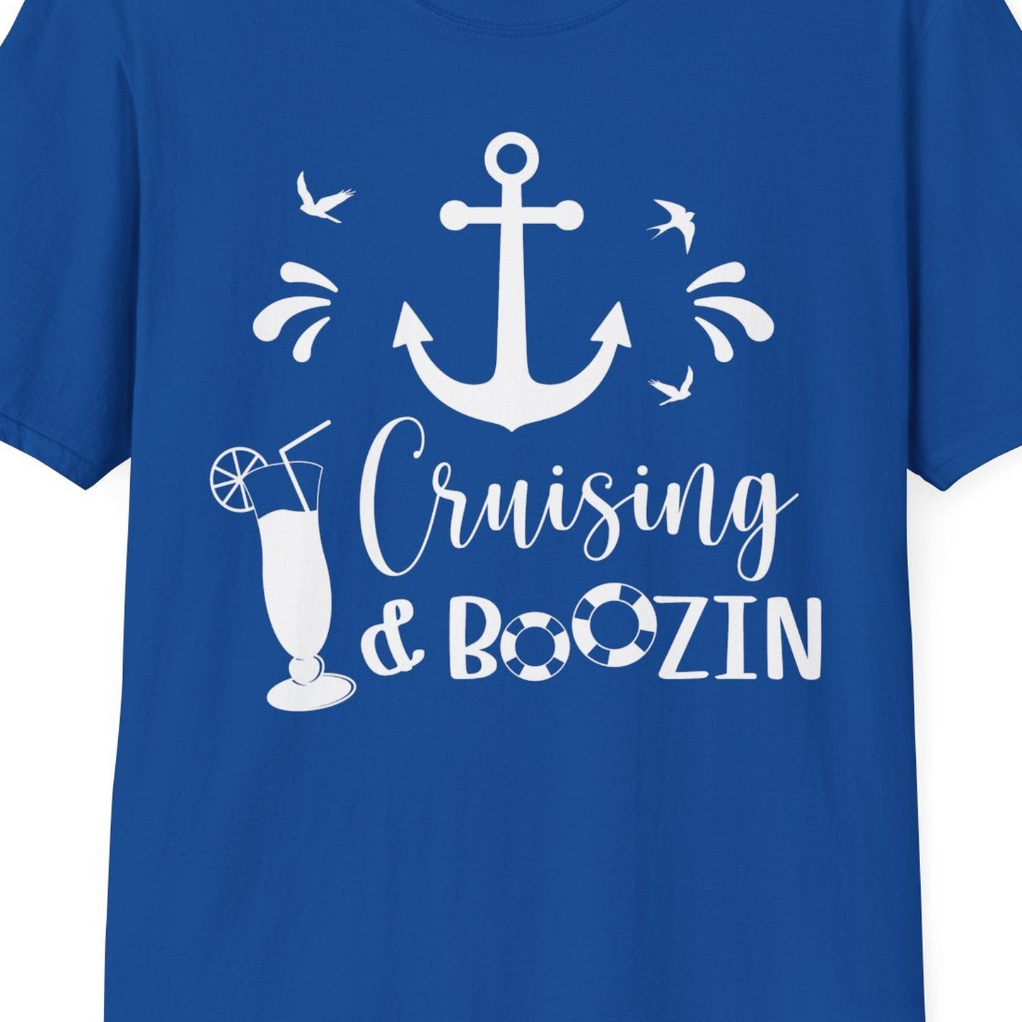 Cruising and Boozin Nautical Party Shirt with Anchor and Cocktail Art — T-Shirt T-Shirt – Royal – Best Cruise Shirts Close Up