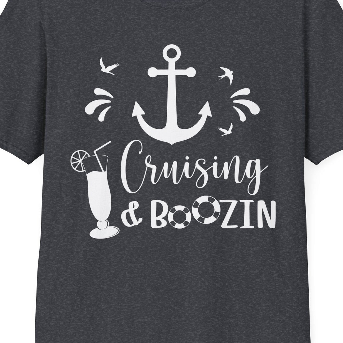 Cruising and Boozin Nautical Party Shirt with Anchor and Cocktail Art — T-Shirt T-Shirt – Dark Heather Grey – Best Cruise Shirts Close Up