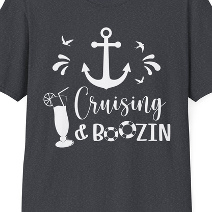 Cruising and Boozin Nautical Party Shirt with Anchor and Cocktail Art — T-Shirt T-Shirt – Dark Heather Grey – Best Cruise Shirts Close Up