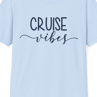 Cruise Vibes Modern Script Typography Shirt for Group Cruise Trips — T-Shirt T-Shirt – Light Blue – Best Cruise Shirts Close Up