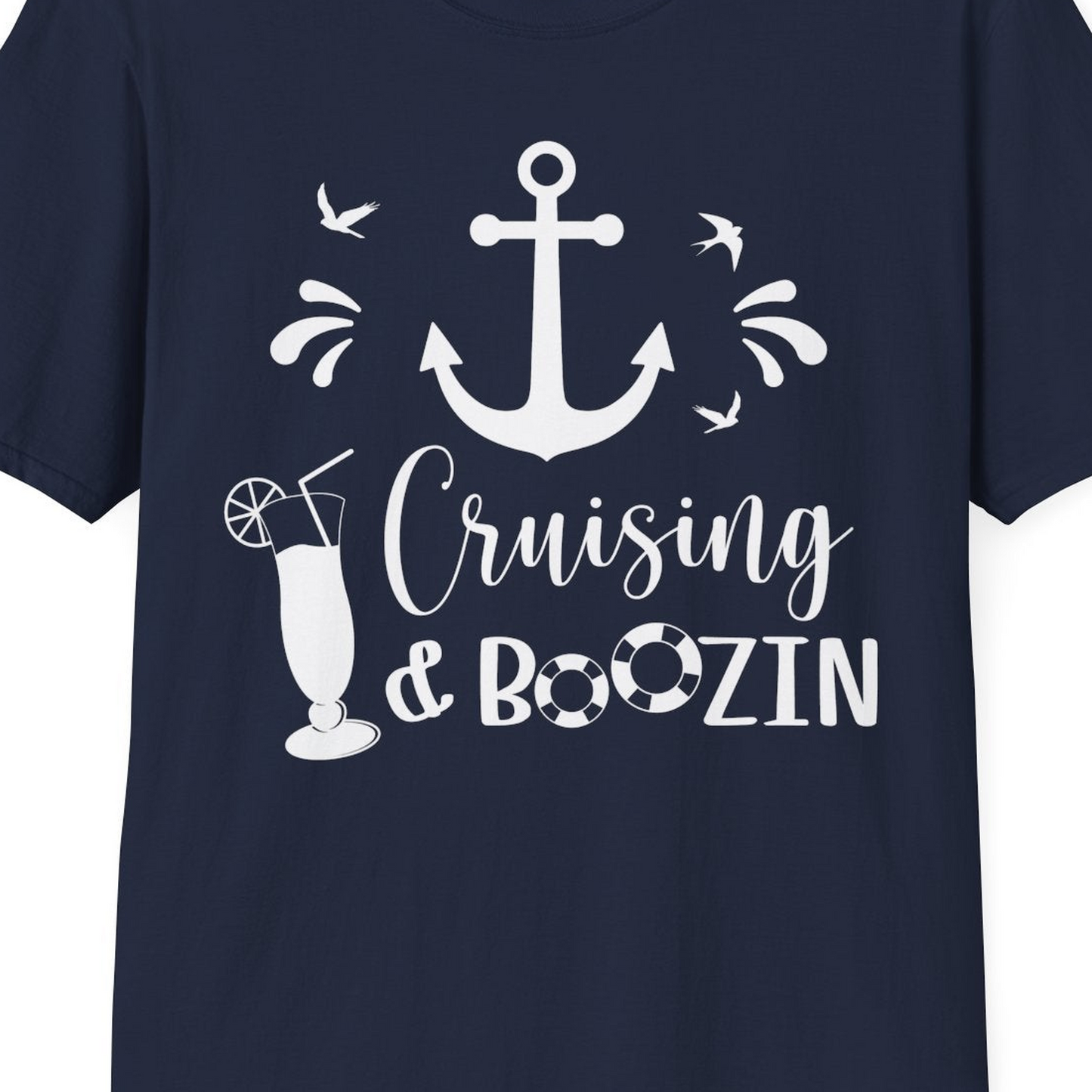 Cruising and Boozin Nautical Party Shirt with Anchor and Cocktail Art — T-Shirt T-Shirt – Navy – Best Cruise Shirts Close Up