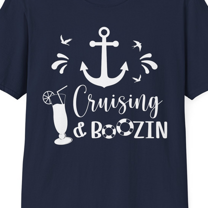 Cruising and Boozin Nautical Party Shirt with Anchor and Cocktail Art — T-Shirt T-Shirt – Navy – Best Cruise Shirts Close Up