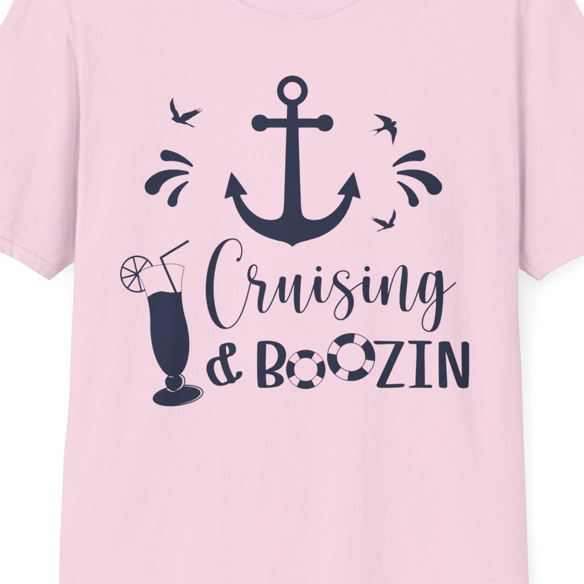 Cruising and Boozin Nautical Party Shirt with Anchor and Cocktail Art — T-Shirt T-Shirt – Light Pink – Best Cruise Shirts Close Up