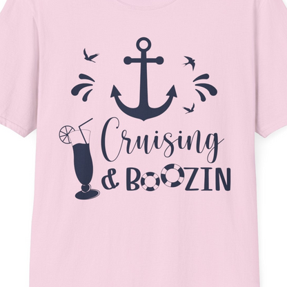 Cruising and Boozin Nautical Party Shirt with Anchor and Cocktail Art — T-Shirt T-Shirt – Light Pink – Best Cruise Shirts Close Up