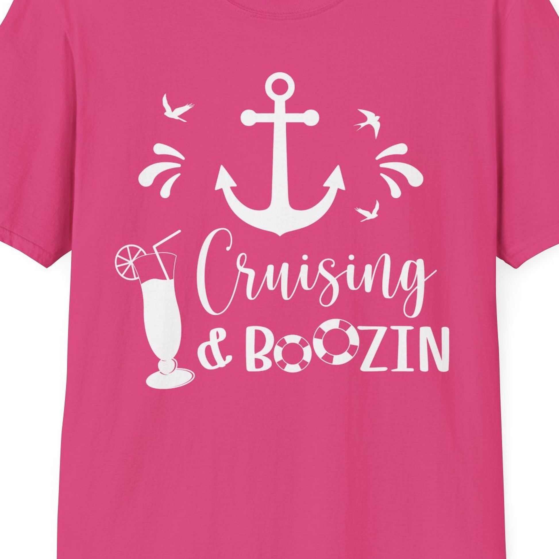 Cruising and Boozin Nautical Party Shirt with Anchor and Cocktail Art — T-Shirt T-Shirt – Heliconia – Best Cruise Shirts Close Up