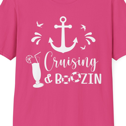 Cruising and Boozin Nautical Party Shirt with Anchor and Cocktail Art — T-Shirt T-Shirt – Heliconia – Best Cruise Shirts Close Up