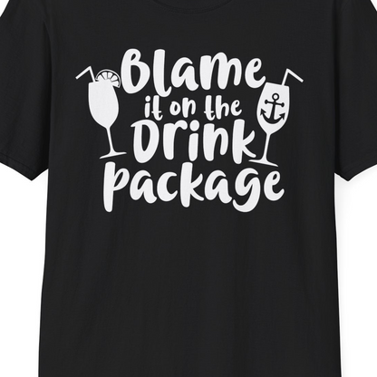 Blame It On The Drink Package Cruise Shirt With Cocktails And Anchor — T-Shirt T-Shirt – Black – Best Cruise Shirts Close Up