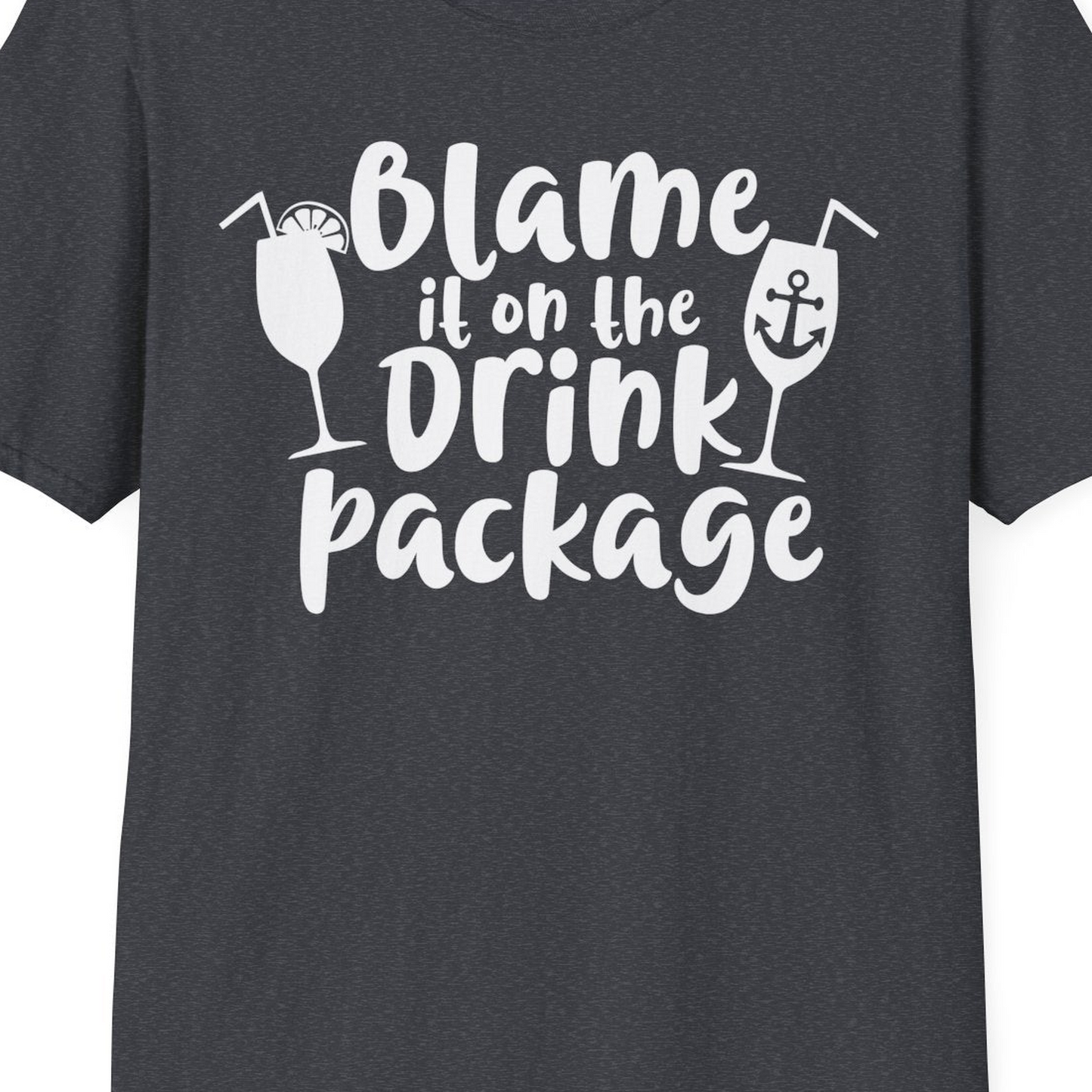 Blame It On The Drink Package Cruise Shirt With Cocktails And Anchor — T-Shirt T-Shirt – Dark Heather Grey – Best Cruise Shirts Close Up