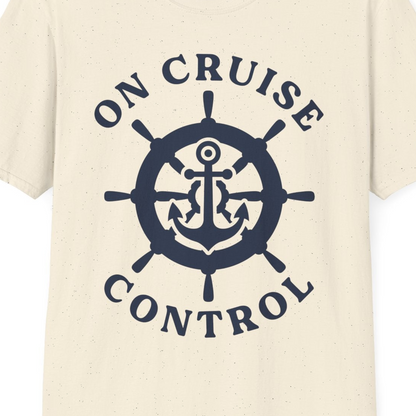 On Cruise Control Nautical Anchor Helm Wheel Cruise Shirt — T-Shirt T-Shirt – Natural – Best Cruise Shirts Close Up