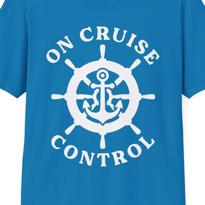 On Cruise Control Nautical Anchor Helm Wheel Cruise Shirt — T-Shirt T-Shirt – Sapphire – Best Cruise Shirts Close Up