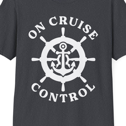On Cruise Control Nautical Anchor Helm Wheel Cruise Shirt — T-Shirt T-Shirt – Dark Heather Grey – Best Cruise Shirts Close Up