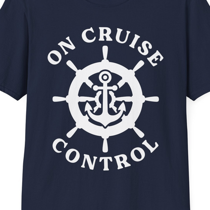 On Cruise Control Nautical Anchor Helm Wheel Cruise Shirt — T-Shirt T-Shirt – Navy – Best Cruise Shirts Close Up