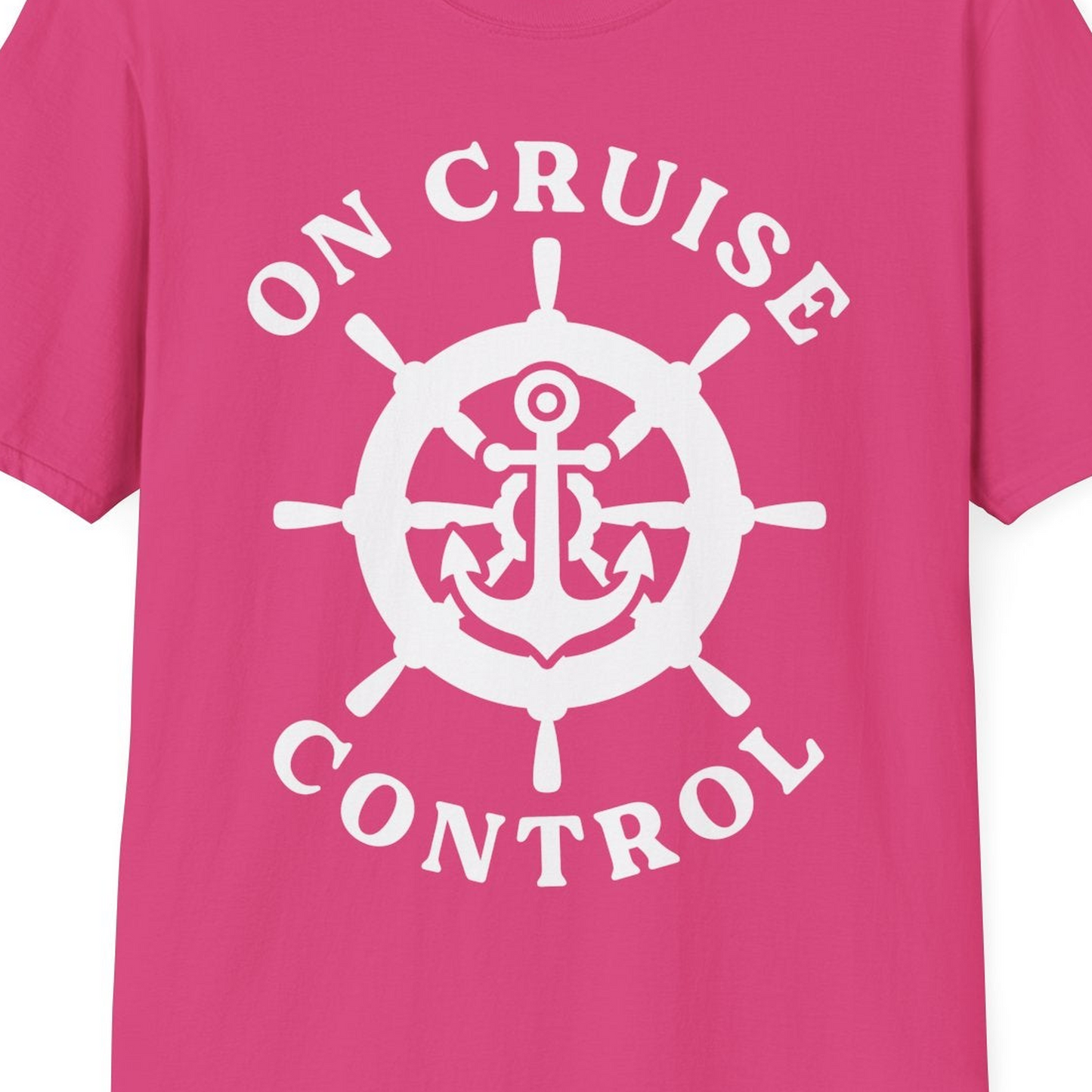On Cruise Control Nautical Anchor Helm Wheel Cruise Shirt — T-Shirt T-Shirt – Heliconia – Best Cruise Shirts Close Up