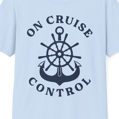 On Cruise Control Nautical Captain Wheel Funny Cruise Shirt — T-Shirt T-Shirt – Light Blue – Best Cruise Shirts Close Up