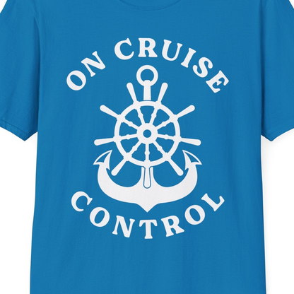 On Cruise Control Nautical Captain Wheel Funny Cruise Shirt — T-Shirt T-Shirt – Sapphire – Best Cruise Shirts Close Up