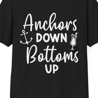 Anchors Down Bottoms Up Nautical Drinking Cruise Party Shirt — T-Shirt T-Shirt – Black – Best Cruise Shirts Close Up