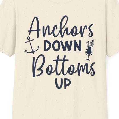 Anchors Down Bottoms Up Nautical Drinking Cruise Party Shirt — T-Shirt T-Shirt – Natural – Best Cruise Shirts Close Up