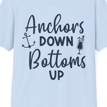 Anchors Down Bottoms Up Nautical Drinking Cruise Party Shirt — T-Shirt T-Shirt – Light Blue – Best Cruise Shirts Close Up