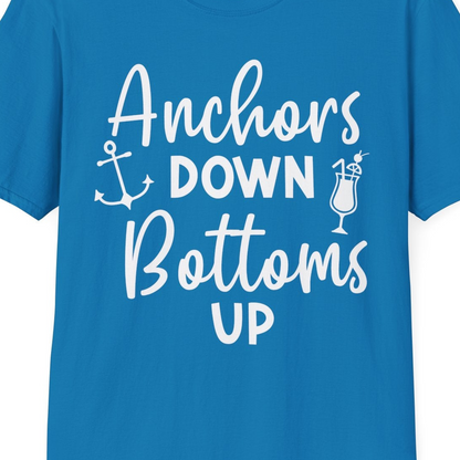 Anchors Down Bottoms Up Nautical Drinking Cruise Party Shirt — T-Shirt T-Shirt – Sapphire – Best Cruise Shirts Close Up