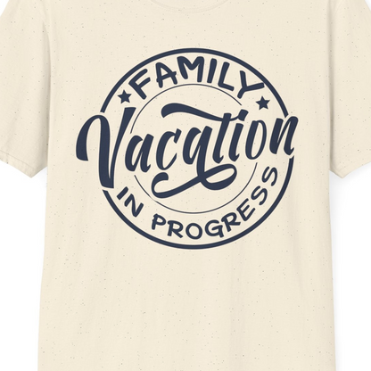 Family Vacation In Progress Bold Circular Stamp Travel Shirt — T-Shirt T-Shirt – Natural – Best Cruise Shirts Close Up