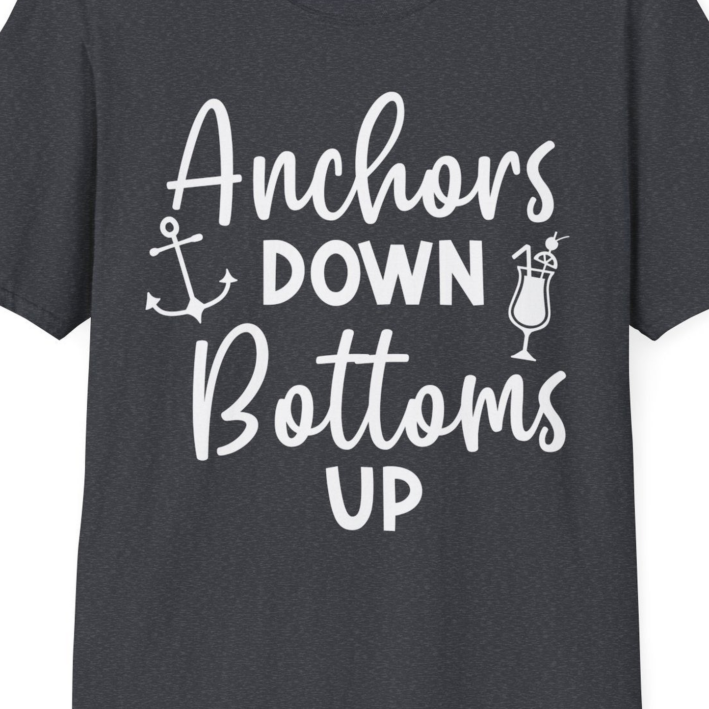 Anchors Down Bottoms Up Nautical Drinking Cruise Party Shirt — T-Shirt T-Shirt – Dark Heather Grey – Best Cruise Shirts Close Up