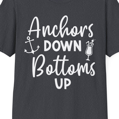 Anchors Down Bottoms Up Nautical Drinking Cruise Party Shirt — T-Shirt T-Shirt – Dark Heather Grey – Best Cruise Shirts Close Up