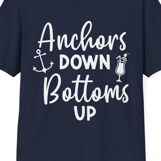 Anchors Down Bottoms Up Nautical Drinking Cruise Party Shirt — T-Shirt T-Shirt – Navy – Best Cruise Shirts Close Up