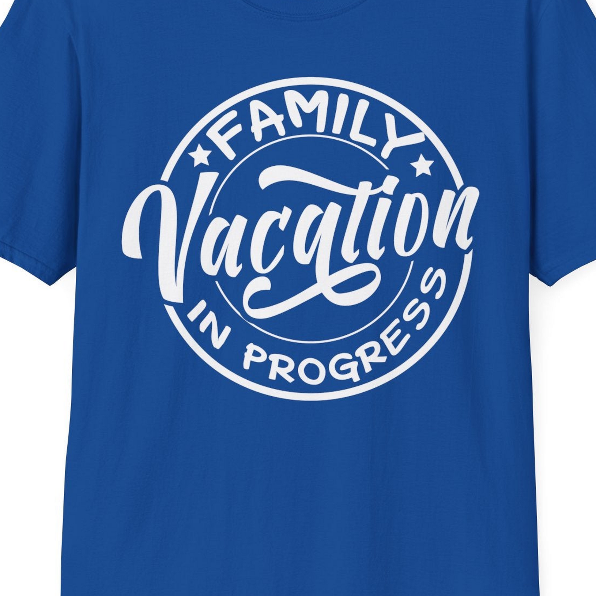 Family Vacation In Progress Bold Circular Stamp Travel Shirt — T-Shirt T-Shirt – Royal – Best Cruise Shirts Close Up