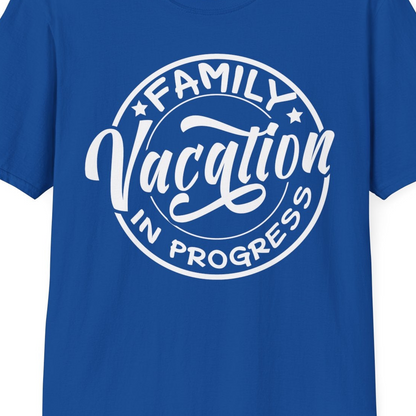 Family Vacation In Progress Bold Circular Stamp Travel Shirt — T-Shirt T-Shirt – Royal – Best Cruise Shirts Close Up