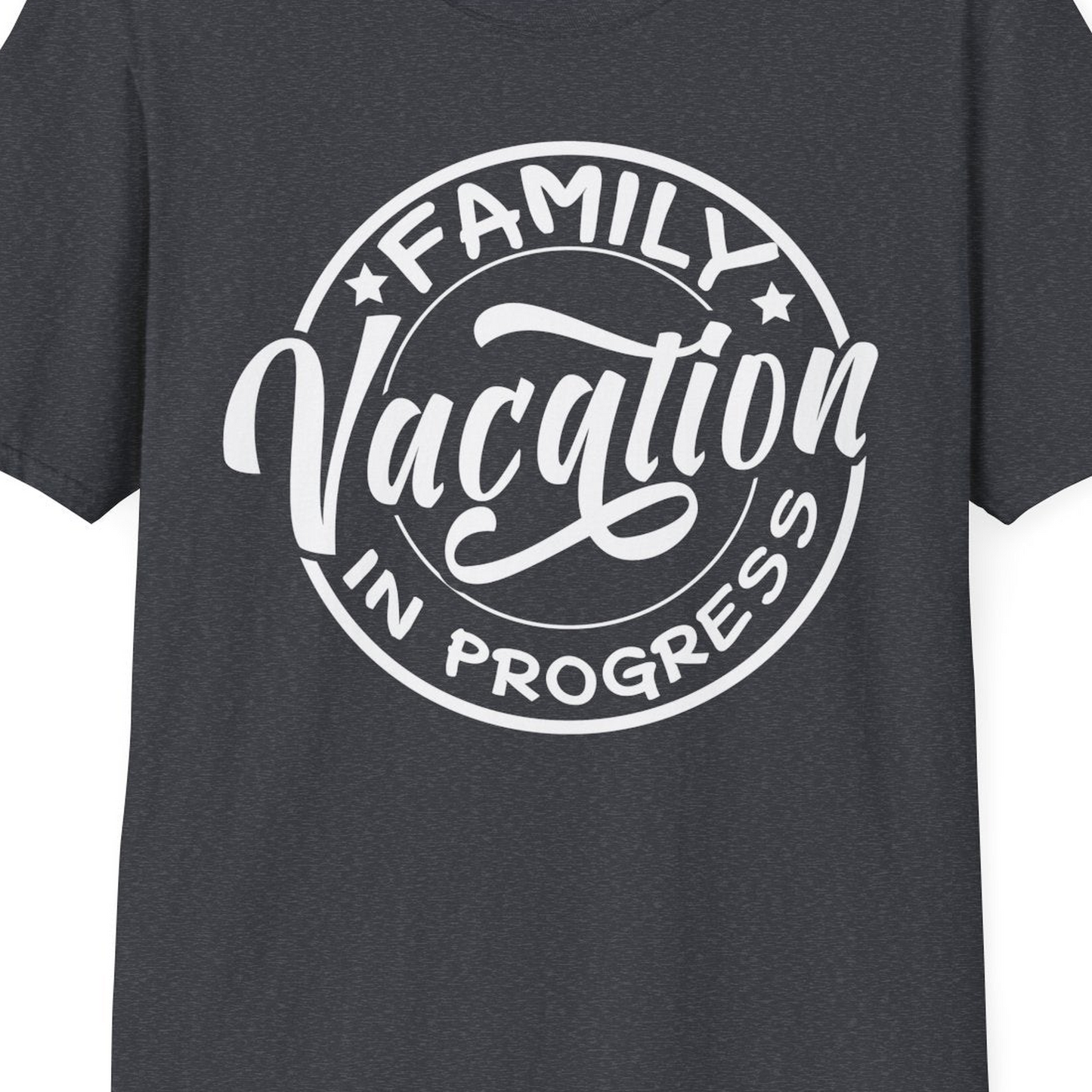 Family Vacation In Progress Bold Circular Stamp Travel Shirt — T-Shirt T-Shirt – Dark Heather Grey – Best Cruise Shirts Close Up