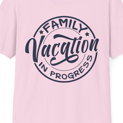 Family Vacation In Progress Bold Circular Stamp Travel Shirt — T-Shirt T-Shirt – Light Pink – Best Cruise Shirts Close Up