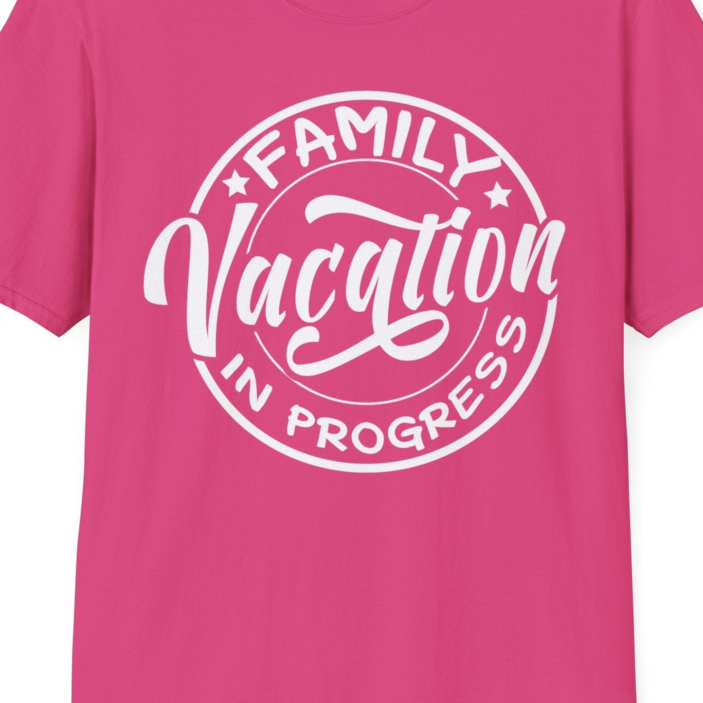 Family Vacation In Progress Bold Circular Stamp Travel Shirt — T-Shirt T-Shirt – Heliconia – Best Cruise Shirts Close Up