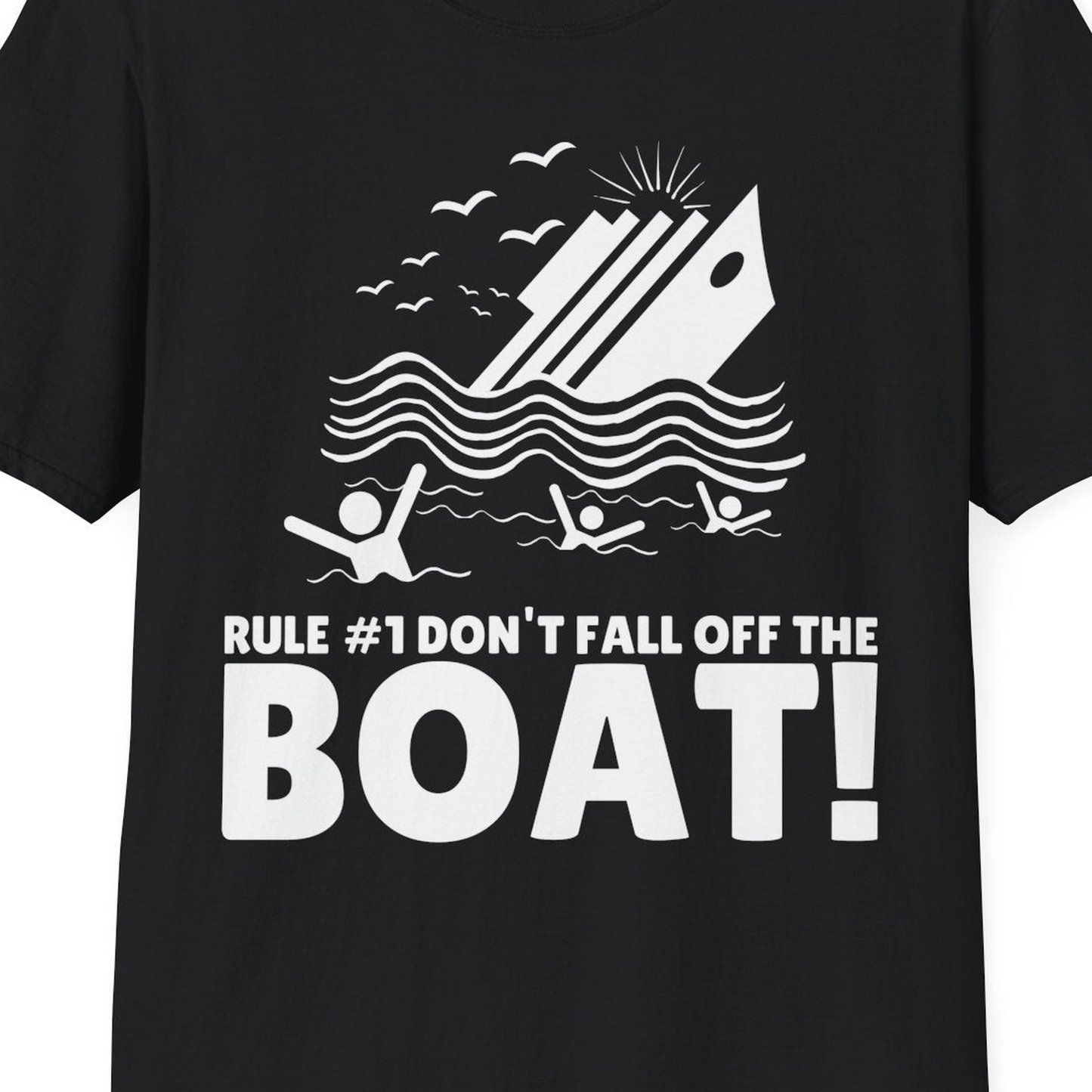 Funny Cruise Ship Safety Warning Sinking Boat Cartoon Shirt — T-Shirt T-Shirt – Black – Best Cruise Shirts Close Up