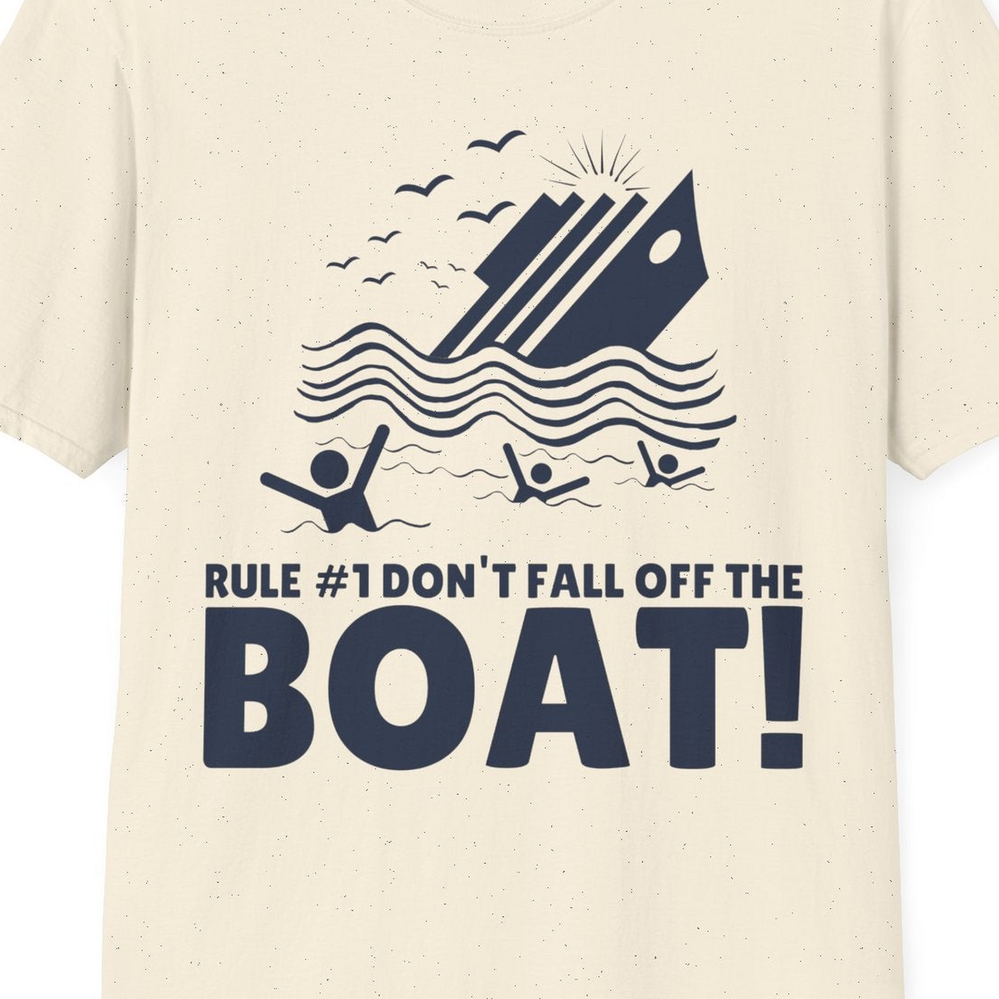 Funny Cruise Ship Safety Warning Sinking Boat Cartoon Shirt — T-Shirt T-Shirt – Natural – Best Cruise Shirts Close Up