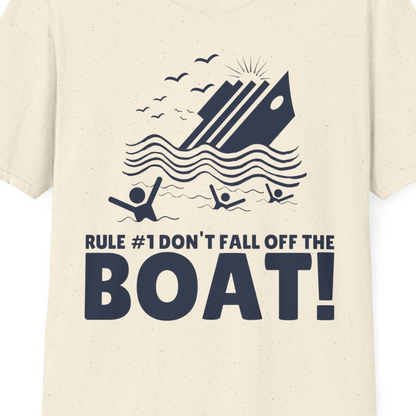 Funny Cruise Ship Safety Warning Sinking Boat Cartoon Shirt — T-Shirt T-Shirt – Natural – Best Cruise Shirts Close Up