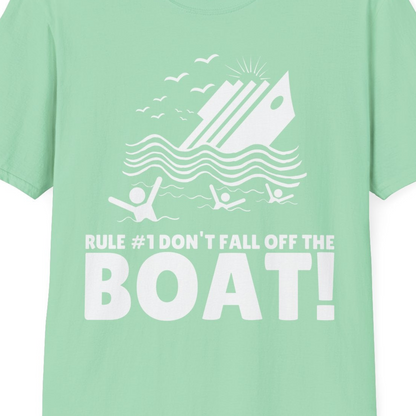 Funny Cruise Ship Safety Warning Sinking Boat Cartoon Shirt — T-Shirt T-Shirt – Mint Green – Best Cruise Shirts Close Up