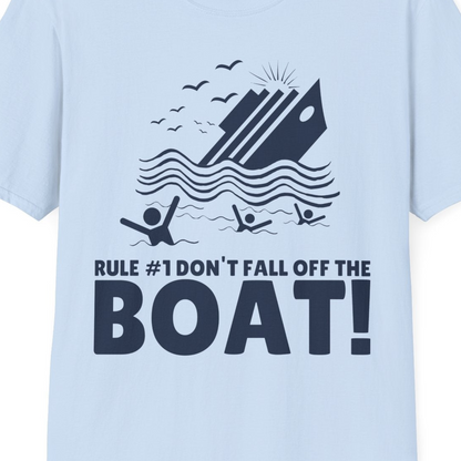 Funny Cruise Ship Safety Warning Sinking Boat Cartoon Shirt — T-Shirt T-Shirt – Light Blue – Best Cruise Shirts Close Up