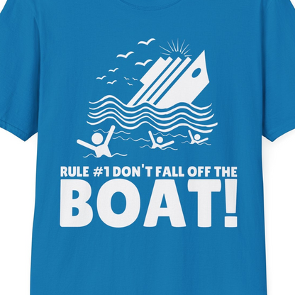 Funny Cruise Ship Safety Warning Sinking Boat Cartoon Shirt — T-Shirt T-Shirt – Sapphire – Best Cruise Shirts Close Up