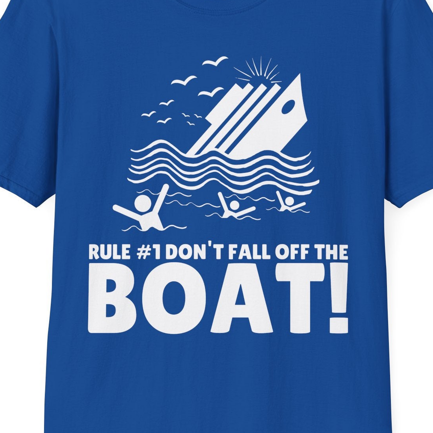 Funny Cruise Ship Safety Warning Sinking Boat Cartoon Shirt — T-Shirt T-Shirt – Royal – Best Cruise Shirts Close Up