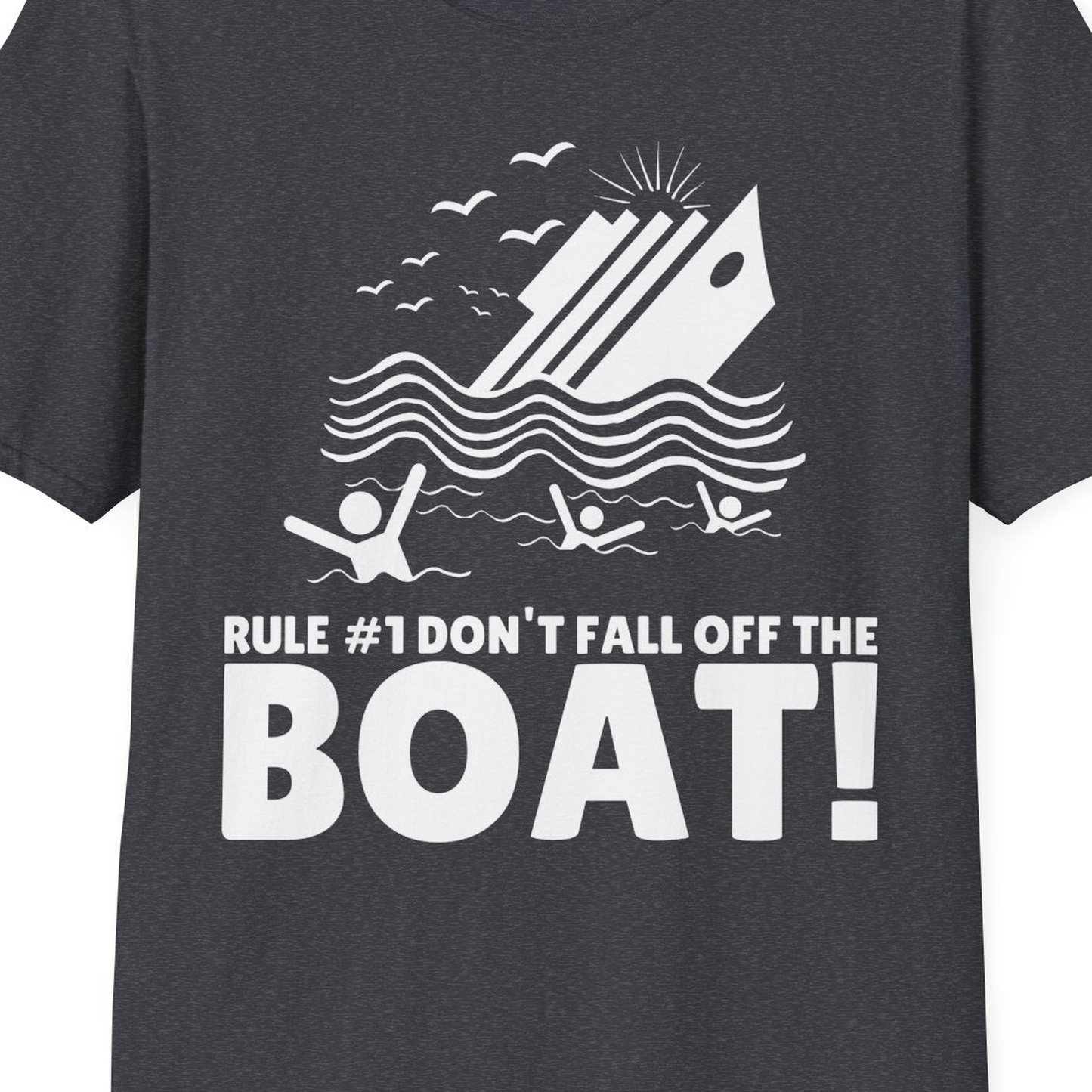 Funny Cruise Ship Safety Warning Sinking Boat Cartoon Shirt — T-Shirt T-Shirt – Dark Heather Grey – Best Cruise Shirts Close Up