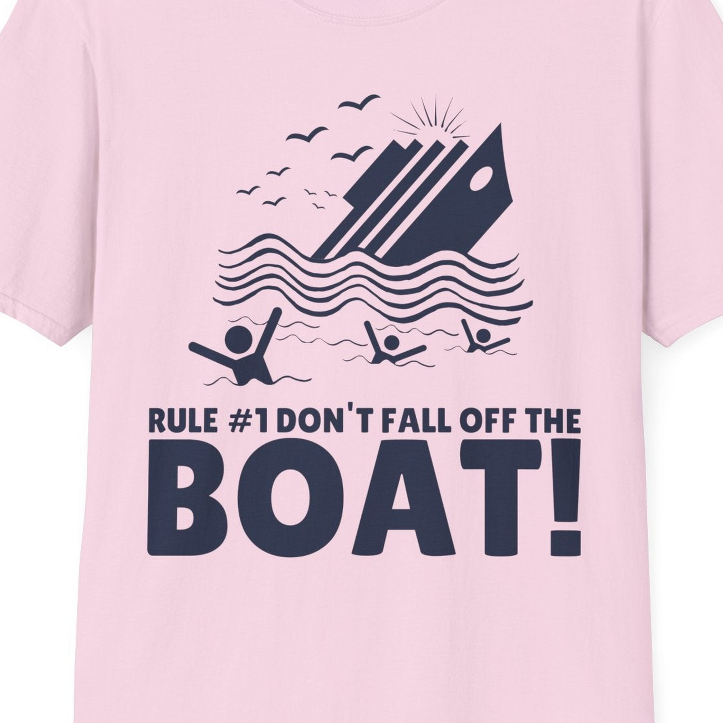 Funny Cruise Ship Safety Warning Sinking Boat Cartoon Shirt — T-Shirt T-Shirt – Light Pink – Best Cruise Shirts Close Up