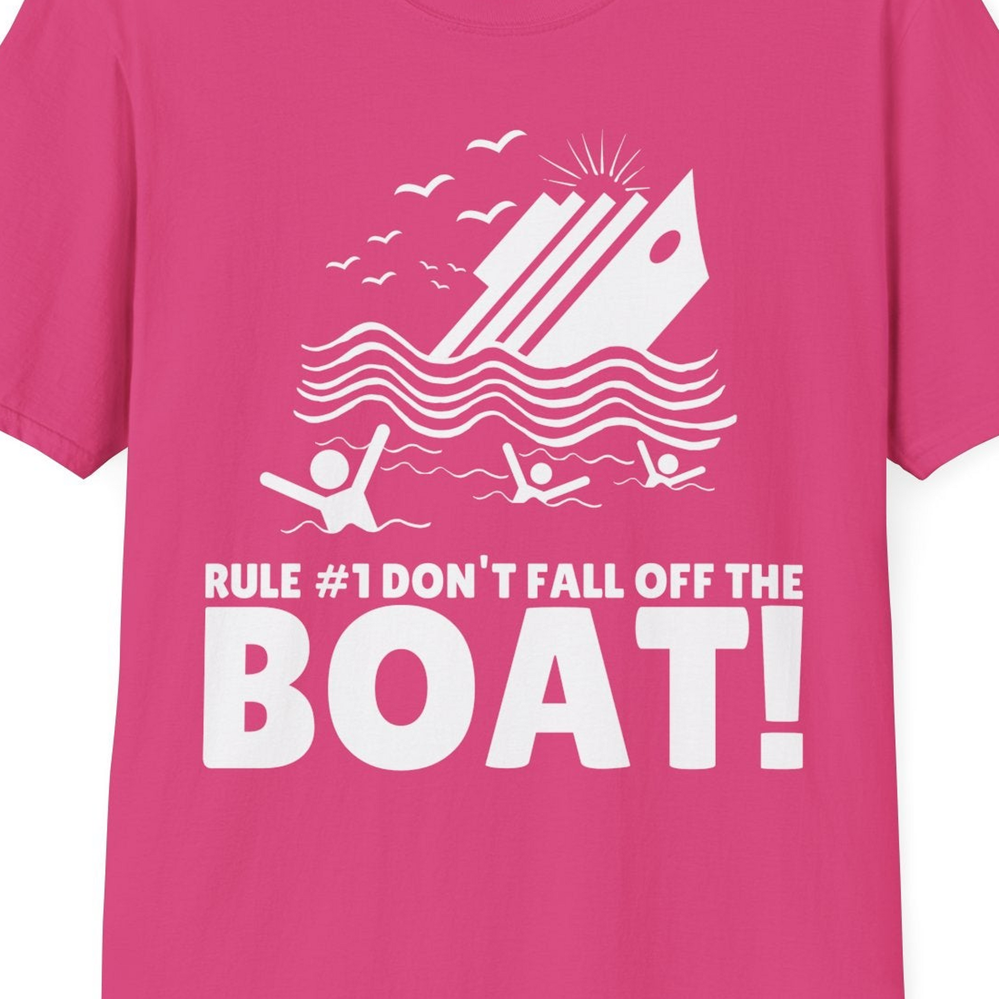 Funny Cruise Ship Safety Warning Sinking Boat Cartoon Shirt — T-Shirt T-Shirt – Heliconia – Best Cruise Shirts Close Up