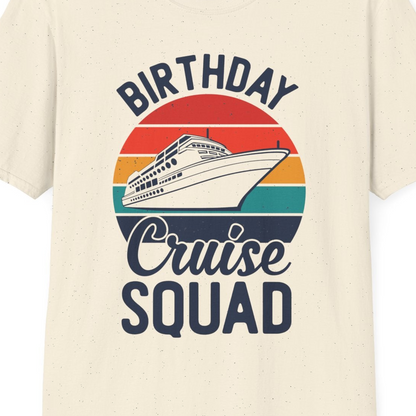 Birthday Cruise Squad Retro Sunset Distressed Cruise Ship Shirt — T-Shirt T-Shirt – Natural – Best Cruise Shirts Close Up